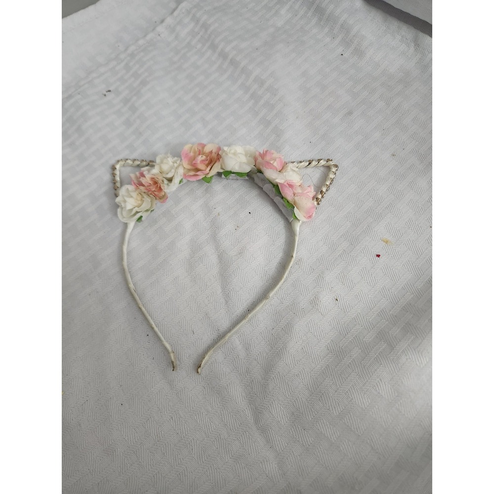 Kids Floral Cat Ear Headband Pink White Roses Rhinestone Sparkle Accessory